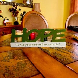 For the Holidays! “HOPE” wooden candle holder.  Includes four scented candles.